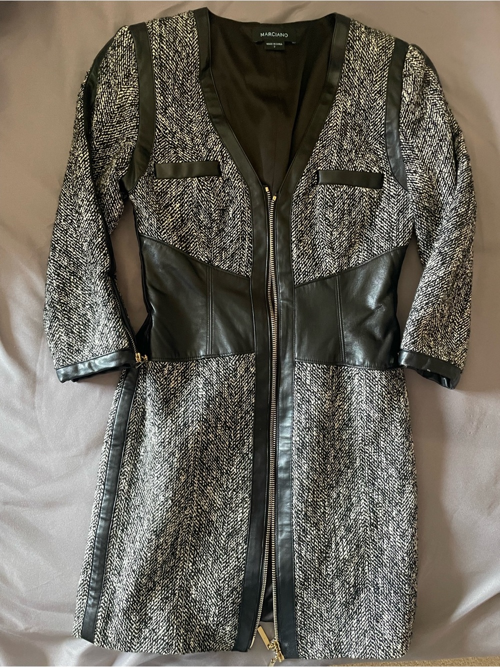 Marciano Black & White Tweed Coat with Leather Trim